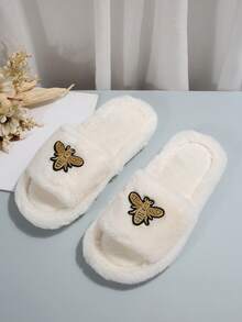 1 Pair Solid Color Casual Fabric Plush Thick Bottom Slippers For Women, Suitable For Weddings, Parties, Bridesmaids, Black Fluffy Open-Toe Warm Indoor Slippers, Comfortable & Breathable For All Seasons - White - View 7