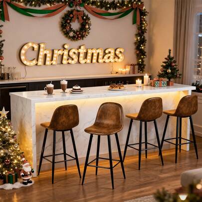 Meubles Cosy Set med 4 industriella barstolar i brun mocka – Moderna barstolar med böjt ryggstöd, metallbas, fotstöd och halkfria fötter – Perfekt för köksö eller bar – 45,5 x 44 x 102 cm