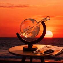 Vintage Wooden Glass Globe Decanter With Built-In Sailboat Design - Chai đơn trong suốt có khung gỗ - Xem 5