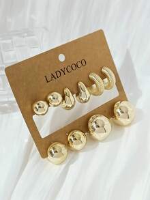 5 Pairs Elegant Fashionable Teardrop/C-Shaped Gold Tone Earrings Set, Suitable For Women's Daily Matching - Gold - View 5