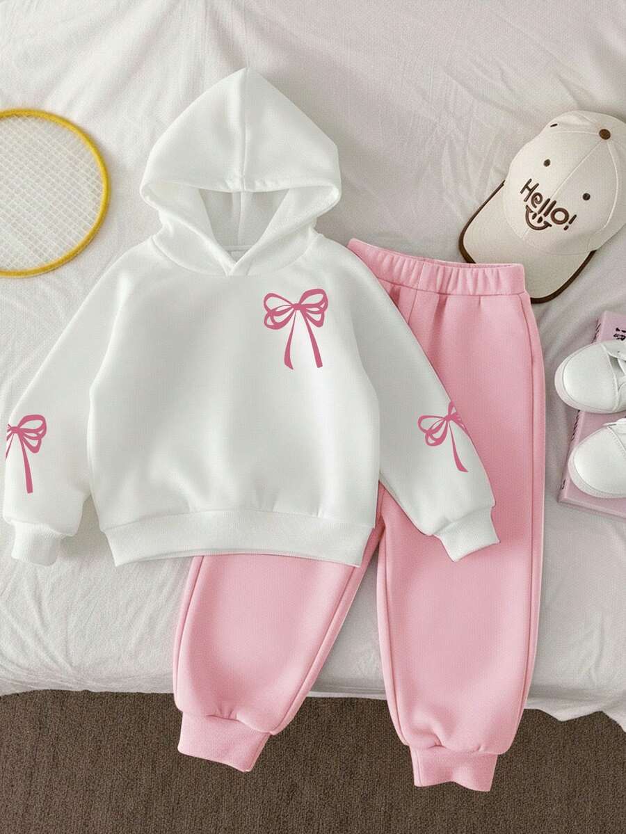 2pcs/Set Young Girls Autumn/Winter Long Sleeve Hoodie Outfit, Fashion, Skin-Friendly & Comfortable - White - View 1
