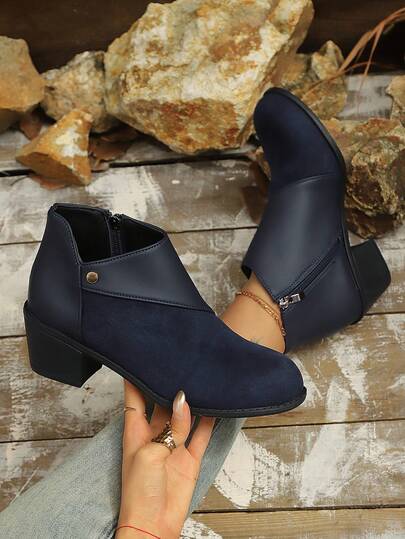 女士复古百搭麂皮拼接时尚靴，秋冬款