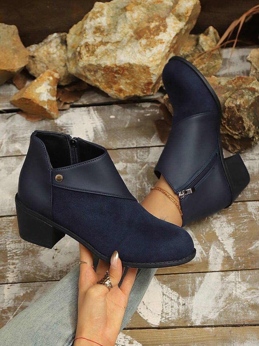女士复古百搭麂皮拼接时尚靴，秋冬款 - 藍色 - 查看 1