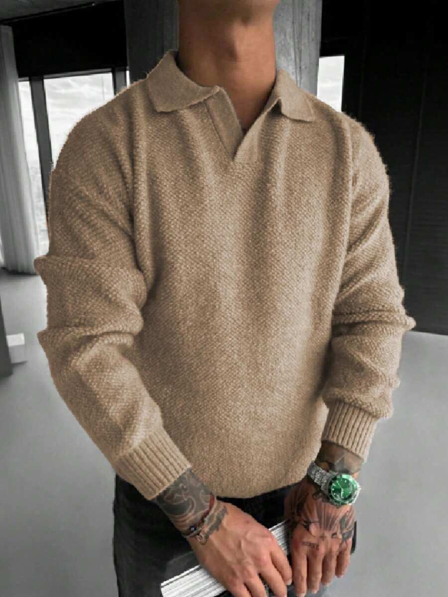 ANDREILEE 男士休闲宽松通勤简约纯色百搭 Polo 领 V 领轻薄长袖针织衫,适合秋冬季穿着 - 卡其色 - 查看 1