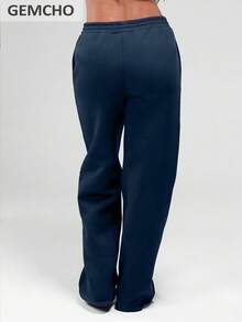 GEMCHO Women's Polyester Sweatpants With Pockets, Knit Fabric With Slight Stretch, Casual Running Pants, Activewear, Suitable For All Seasons - Navy Blue - View 3