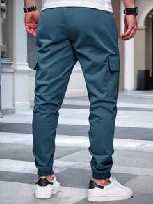 1 pieza Pantalones cargo de bolsillo con nudo delantero simple de poliéster para adolescentes varones, uso casual diario, adecuado para primavera, verano y otoño, estilo ligero