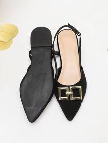 Chaussures plates pour femmes avec décoration de boucle métallique, bout pointu, bride arrière, sans dos, bride, sandales plates, synthétique noir, chaussures noires, sandales noires, printemps/automne - Noir - Voir 5