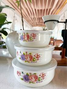 3个便携式午餐盒，适用于新鲜蔬果、冷冻食品、洗碗机适用午餐碗，带盖；时尚搪瓷碗，适用于汤、沙拉等。