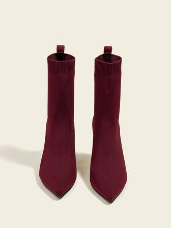 Fall/Winter 9cm Chunky Heel Ankle Boots & Short Boots, Burgundy, Pointed Toe, Elastic, Comfortable, Fashion 2025