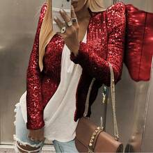 2025 Spring New Women's Fashion Stand Collar Solid Color Sequin Jacket Short Casual Versatile Small Jacket - 酒紅 - 查看 5