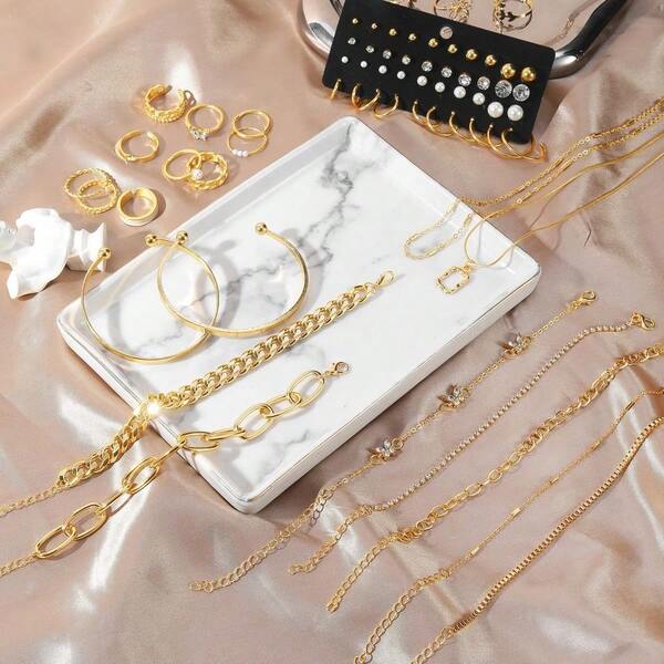 36 PCS Gold Plated Jewelry Set With 4 PCS Necklace, 11 PCS Bracelet, 7 PCS Ear Cuffs Earring, 14 Pcs Knuckle Rings Fo...