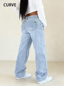 Quần jeans nữ dáng rộng, màu trơn, chất liệu wash nhẹ, phù hợp cho đi làm, ở nhà, tụ họp, mua sắm, mọi mùa. Phong cách đường phố tối giản mới. - Rửa nhẹ - Xem 2