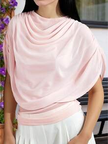 Women's Polka Dot Flowy Tops Satin Off The Shoulder Short Sleeve Loose Asymmetrical Neck Ruched Work Office Shirts  Batwing Sleeve Blouse Vacation Outfits Women Going Out Outfit - Hồng - Xem 4