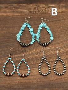 3对波西米亚流苏复古银色珍珠和绿松石/宝石装饰水滴形串珠西部乡村风格时尚吊坠耳环，适合女性日常佩戴 - 綠松石色 - 查看 5