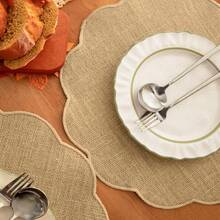 2/4/6pcs Wavy Edge Round Placemats, Cloud Embroidered Round Placemats, Rustic Hemp Cloth Placemats Set, Natural Farmhouse Style Table Mats, Heat Insulation - Multicolor - View 3