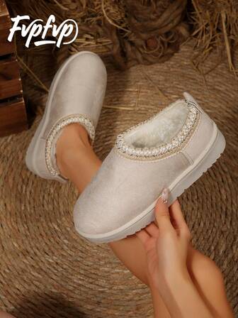 Pantuflas de lana nuevas para 2024 para mujeres, con suela gruesa de piel de oveja, tipo bota de nieve de una sola pieza, con puntera cerrada y antideslizantes para uso en exteriores