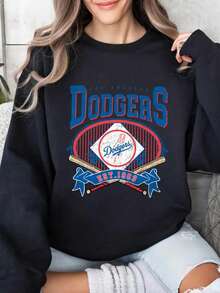 Vintage Los Angeles Dodgers Sweatshirt,Womens Casual Los Angeles Dodgers Print Long Sleeve Round Neck Regular Sweatshirt Perfect For Game Day Parties - 黑色 - 查看 1