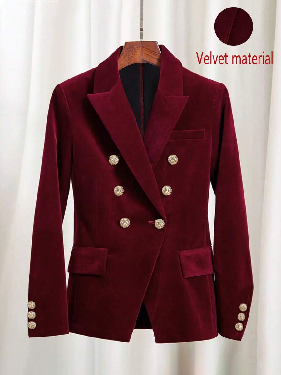 Áo khoác blazer nhung hai hàng khuy tay dài thanh lịch dành cho nữ, Thu/Đông - Màu Đỏ Sâu - Xem 1