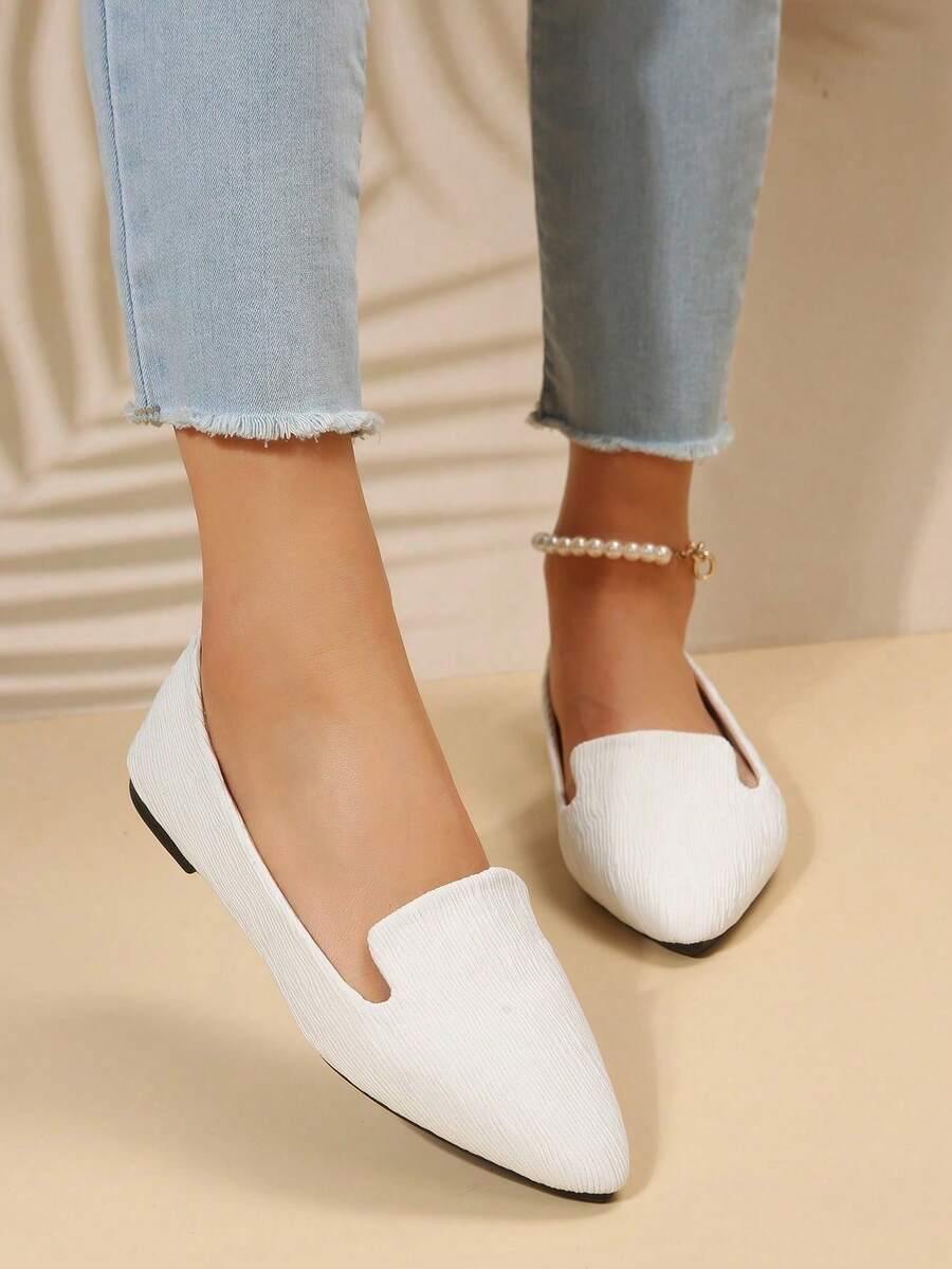 Plus Size 35-45 Women's Pointed Toe Slip-On Flat Shoes, New Spring/Autumn Outdoor Daily Loafers, White Canvas Wave Pattern Soft Bottom Work Driving Moccasins