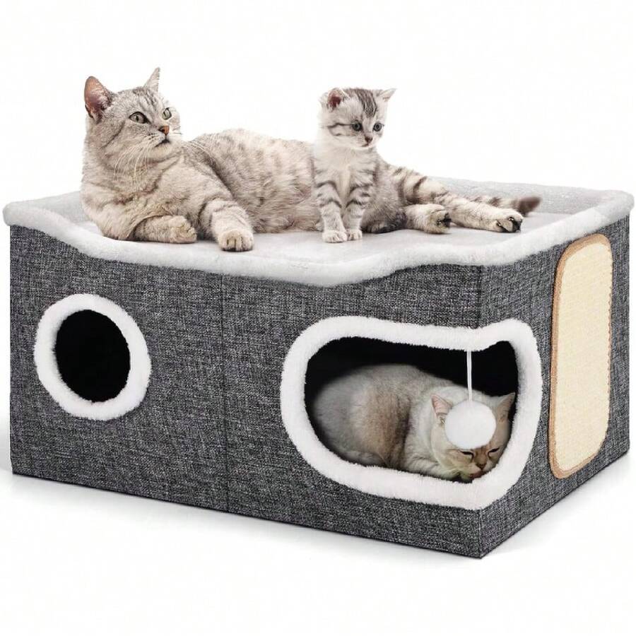 Cat Beds For Indoor Cats, Extra Wide Cat Cube House For Multi Cats, Foldable Cat Cave Hideaway With Arc-Edge Design & Oval Door, Reversible Cushion For All Seasons, 24"L X 17.7"D X 12.6"H, Grey,28012526 - 杏色 - 查看 1