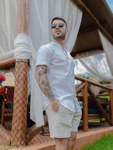 Men's Short-Sleeve Shirt With Mandarin Collar And Linen-Look - Assorted Colors - Comfortable - Clear - View 6