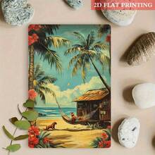 2D Flat, 1pc Tropical Paradise Beach Hut Metal Sign - 20.32x30.48 Cm Iron Wall Decor With Palm Trees, Hammock & Dog,  Coastal Atmosphere For Home, Beach Cottage & Summer Decoration, Beach Theme Decor, Perfect For Room Decor - White - View 8