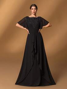 Faeriesty Elegante vestido de madre de la novia con cuello de barco, mangas con volantes y dobladillo con volantes en línea A - Vestido de novia formal para galas de noche, recepciones de lujo, eventos de etiqueta negra, cenas sofisticadas, ceremonias de alto nivel - Negro - Ver 6