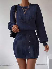 Women's Ribbed Knit Short Dress, Long Sleeve Casual Sweater Dress With Button Front Design - Blue - View 4