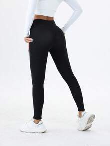 女士高腰保暖打底裤 - 弹力加厚，保暖舒适，适合冬季穿着，配有弹性腰带和口袋，休闲舒适 | 时尚冬季裤装 | 保暖打底裤 - 黑色 - 查看 2