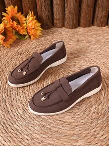 Women's Black & White Two-Tone Tassel Loafers - Comfortable Slip-On Flats, Stylish Casual Commute Shoes - Brown - View 6
