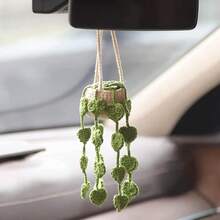 Cute Crochet Plant For Rear View Mirror Boho Handmade Car Mirror Hanging Accessory For Women And Girls Green Interior Aesthetic Decor Truck Hanger Ornament Charm - 綠色葉子植物 - 查看 2