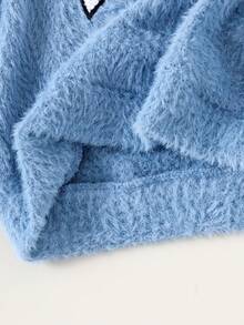 2pcs/Set Young Girl' Casual Fluffy Bow Round Neck Long Sleeve Top And Butterfly Denim Pants Set, Autumn/Winter - Blue - View 6