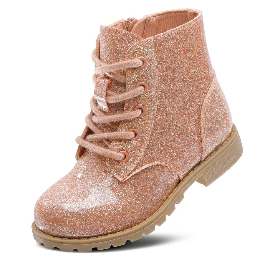 Botines de tobillo con purpurina para niñas, estilo militar, con cremallera lateral y cordones, para bebés, niñas pequeñas y mayores (KA344) - Rosa - Ver 1