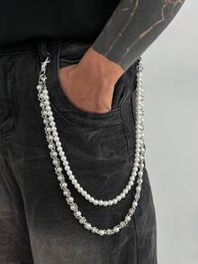 1 pieza Cadena de cintura con decoración de flor de perla falsa y cristal, accesorio de cadena corporal unisex de moda, adecuado para Halloween, escuela, otoño/invierno, casual, al aire libre, deportes, vacaciones, regalo de graduación, cumpleaños, uso diario