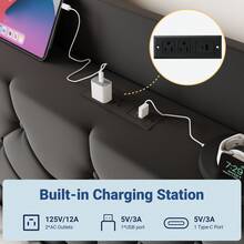 Allewie Full/Queen/King Size Bed Frame, Storage Headboard With Charging Station, Wingback Velvet Upholstered, Diamond Stitched Button Tufted, Sturdy Wooden Slats, No Box Spring Needed, Easy Assembly, Black - Xem 4