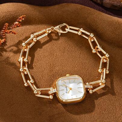 xinyunkou Square Women's Watch, Rose Gold Thick Chain Rhinestone Quartz Wrist Watch, Fashionable Stacking Style Suitable For Outfits