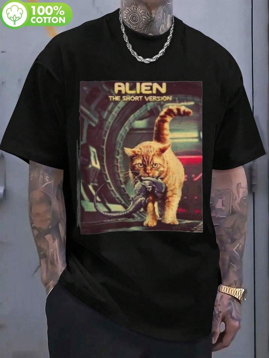 Camiseta de algodón pesado Alien Cat - 100% algodón, 180g, regalo para amantes de las películas de ciencia ficción, diseño divertido de gato alienígena, cuello redondo casual, perfecta para senderismo y actividades al aire libre, ideal para primavera/verano/otoño, ropa casual|Camisa con temática alienígena|Tela elástica - Negro - Ver 1