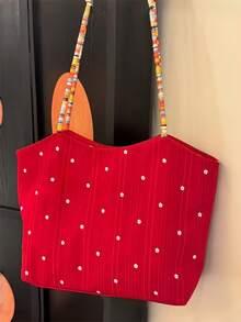 1 Red Printed Handbag, Unique Beaded Cotton And Linen Handbag, Christmas, New Year, Valentine's Day Daily Gift Retro Shoulder Bag (Without Pendant)