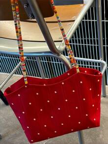 1 Red Printed Handbag, Unique Beaded Cotton And Linen Handbag, Christmas, New Year, Valentine's Day Daily Gift Retro Shoulder Bag (Without Pendant)