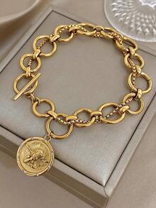 1件18K镀金不锈钢奢华复古天使硬币吊坠手链，女士优雅浪漫珠宝，妈妈礼物，圣诞节、感恩节、狂欢节、万圣节、婚礼、锐舞派对/舞会/日常配饰，周年纪念日、情人节、波西米亚风生日伴娘礼物 - 彩色 - 查看 2