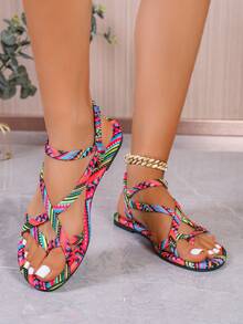 Women's Flat Sandals, Bohemian Style, Thin Strap Crisscross Design, Non-Slip Soft Sole, Lightweight And Comfortable, Versatile With Clothing. - 玫紅色 - 查看 1