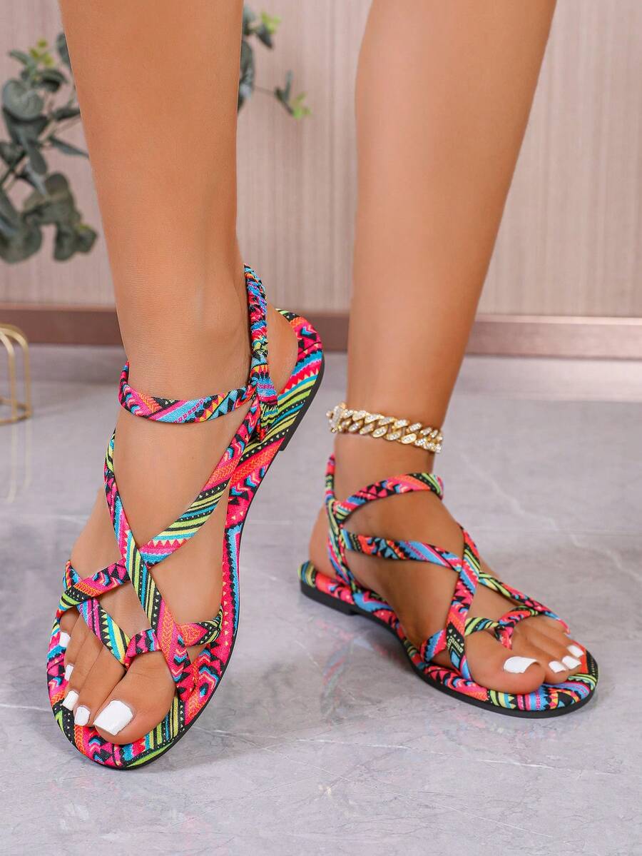 Women's Flat Sandals, Bohemian Style, Thin Strap Crisscross Design, Non-Slip Soft Sole, Lightweight And Comfortable, Versatile With Clothing. - 玫紅色 - 查看 1