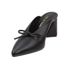 Sandália Feminina Tamanco Bico Fino Mule Salto Bloco Médio 7,5 Detalhes de Laço Verniz Confortável