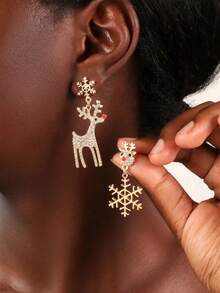 1 Pair Asymmetric Christmas Snowflake & Reindeer Rhinestone Inlaid Earrings, Christmas Gift For Friends - Style 1 - View 4