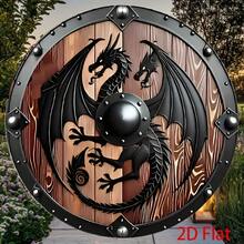 2D Flat, 1 Piece Nordic Shield Metal Wall Decoration - Dark, Medieval Fantasy Decor - Lightweight Aluminum With Textured Wood Grain Frame - Easy To Hang And Install Home, Bar, Cafe, Office - No Wiring Required - Valentine's Day, New Year, Birthday - Retro Nordic Mythology Art, Medieval Style, Mythical Design, 2D Flat - 彩色 - 查看 2