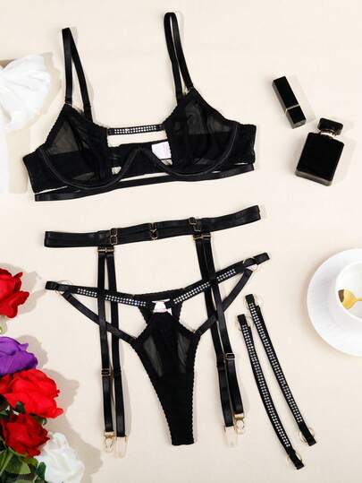 3pcs Sexy Lingerie Set For Women, Bra And Camisole