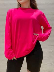 Camisa de mujer talla grande con mangas largas y hombros caídos, color liso negro, de estilo relajado y holgado, para sentir la pereza y la comodidad en otoño e invierno, para uso diario - Rosa Fucsia - Ver 2