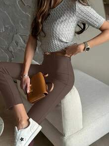 1pc Solid Color Polyester (Polyester) Zipper Women's Cropped Pants, Suitable For Office, Vacation, Daily Wear, Spring, Summer, Autumn