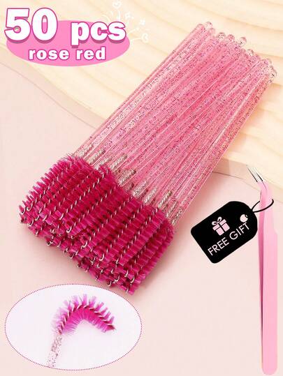 50支玫瑰红一次性睫毛刷，水晶睫毛夹，闪亮睫毛梳，迷你化妆工具，配有优雅睫毛镊子，美甲工具，不锈钢睫毛镊子，假睫毛辅助工具，便携式镊子