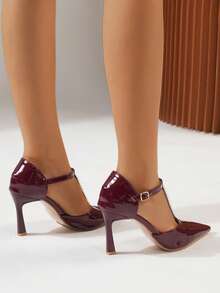 女士时尚漆皮T字带玛丽珍鞋，饰有珍珠链，高跟尖头礼服鞋，酒红色鞋跟 - 酒紅色 - 查看 5